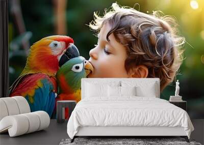 Child and colorful parrot sharing a tender moment in a vibrant sunlit garden, celebrating pet friendship and the innocence of childhood in nature Wall mural