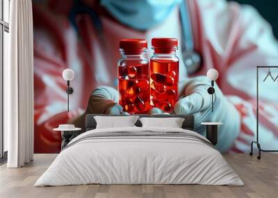 Close-up of a healthcare professional showcasing red capsules, emphasizing medical treatment and pharmaceutical care in a clinical setting. Wall mural