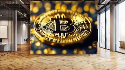 Close-up of Bitcoin on textured gold background symbolizing digital currency and investment trends Wall mural