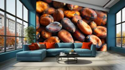 Close-up view of organic cocoa beans highlighting their rich texture and earthy tones Wall mural