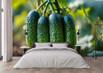 Close-up view of rough green cucumbers growing on a vine in a lush vegetable garden Wall mural