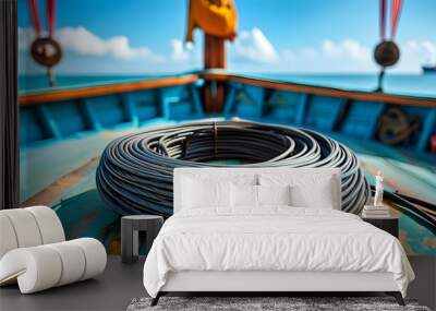 Coiled cable on a ships deck against a backdrop of blue water and sky Wall mural