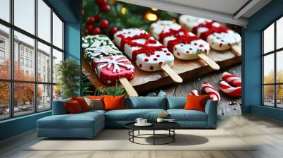 Colorful candy canes adorned with festive decorations for a joyful Christmas celebration Wall mural