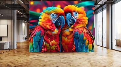 Colorful macaws illuminated by vibrant neon lights, showcasing their exotic plumage and celebrating avian companionship amidst a tropical wildlife backdrop Wall mural