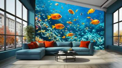 Colorful Tropical Fish Dancing Amidst Coral Reefs in a Clear Blue Ocean Wall mural