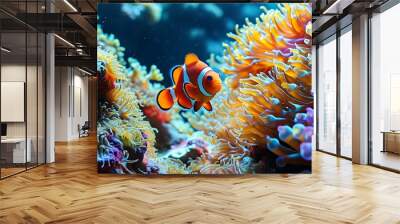 Colorful underwater paradise with clownfish gracefully navigating vibrant corals and anemones, celebrating the splendor of marine ecosystems. Wall mural