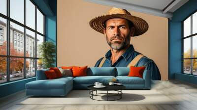 Confident farmer portrait on beige background, embodying the spirit of agriculture and farming lifestyle for impactful banner and poster design Wall mural