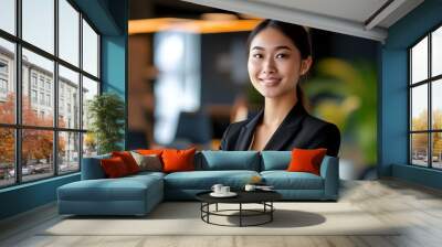 Confident young professional in black suit smiling in contemporary office setting with a blurred backdrop Wall mural