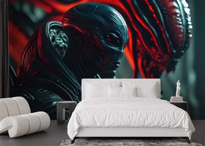 confrontation between human and menacing alien creature in striking red and black sci-fi fantasy aesthetic Wall mural