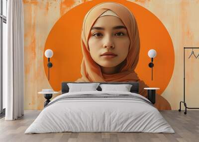 Contemplative woman in headscarf amidst an abstract orange backdrop, embodying serenity and creativity in a vibrant, free-space design concept. Wall mural