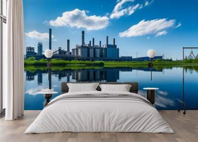 Contrasting Serenity: Industrial Factory by a Tranquil Lake Under a Clear Blue Sky Wall mural