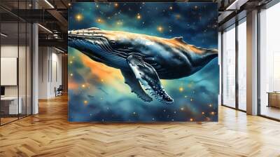 Cosmic floating whale serenely swimming through a starry night sky with vibrant watercolor gradients and glowing celestial elements in a surreal digital art design Wall mural