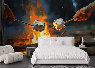 Cozy campfire scene with hands roasting golden-brown marshmallows, glowing embers illuminating the warmth in an inviting oil painting style Wall mural