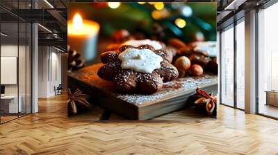 Cozy chocolate gingerbread cookies adorned with white icing, radiating festive cheer and warmth for Christmas and New Year celebrations on a charming wooden table Wall mural