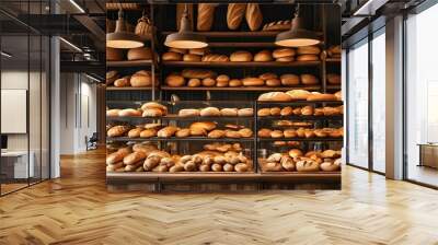 Cozy rustic bakery filled with fresh breads and pastries, warmly lit for a welcoming atmosphere Wall mural