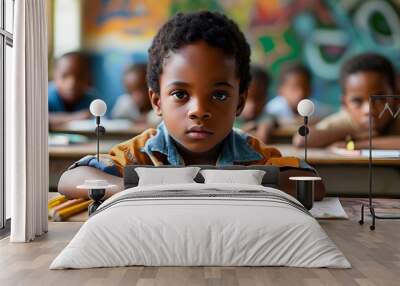 Creative moments of a young boy sketching in his classroom, capturing childhood imagination and innocence. Wall mural