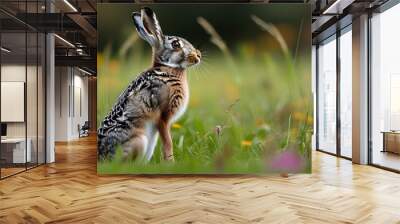 Curious Wild Rabbit Exploring a Vibrant Meadow Wall mural