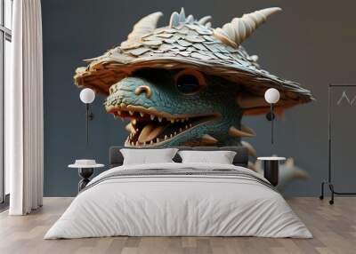 Cute minimal 3D render of a warriors hat designed as a dragons open maw, showcasing a playful blend of fantasy and creativity Wall mural