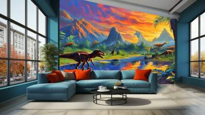 Dawn-lit prehistoric landscape with vibrant flora and dinosaurs roaming amidst a symphony of vivid colors Wall mural