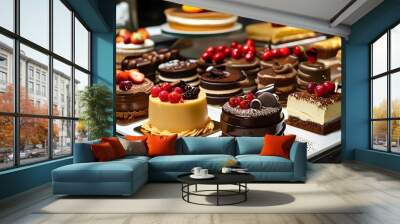 Decadent display of chocolate and fruit cakes in an elegant gourmet bakery Wall mural