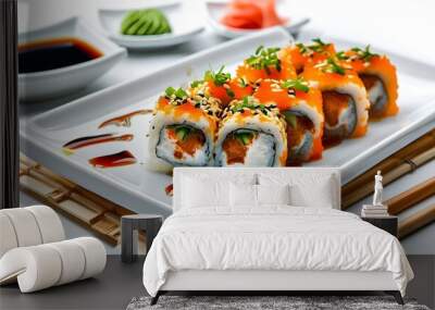 Delectable sushi rolls with soy sauce and elegant chopsticks on a pristine white plate Wall mural