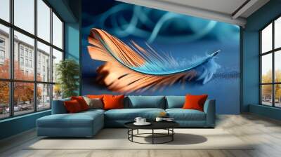 Delicate feather on a captivating blue and copper backdrop Wall mural