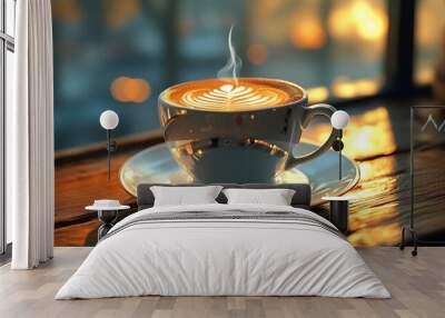 delicate latte art swirling in a steaming cup of coffee on a peaceful morning Wall mural