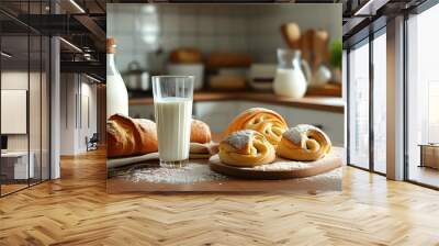 Delicious assortment of pastries and a refreshing glass of milk on a kitchen table, highlighting healthy snacks and tasty treats for a wholesome lunch Wall mural