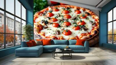 Delicious cheese and tomato pizza slice served on a rustic wooden board Wall mural