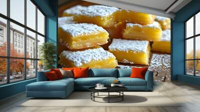 Delicious lemon bars dusted with powdered sugar elegantly stacked on rustic wooden surface Wall mural