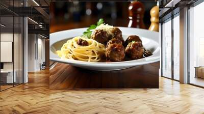 Delicious spaghetti with meatballs covered in rich tomato sauce on a pristine white plate Wall mural