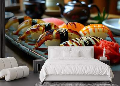 Deliciously plated sushi alongside an irresistible chocolate dessert, inviting a perfect culinary experience Wall mural