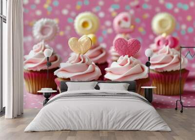 deliciously sweet pink cupcakes decorated with vibrant frosting and sprinkles Wall mural