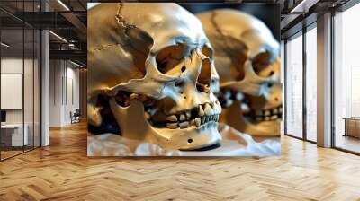 Detailed close-up of three human skull models arranged for educational and medical study, highlighting anatomical features and structural intricacies. Wall mural