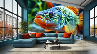 Detailed view of King Tiger Pleco L333 swimming gracefully in a vibrant aquarium setting Wall mural