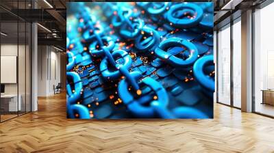 Digital chain links and dots in abstract blue, symbolizing data security and connectivity Wall mural