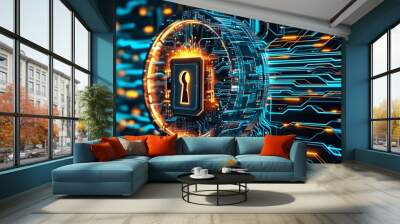 Digital lock representing cybersecurity with glowing circuits and lines illustrating data protection and network security concepts. Wall mural