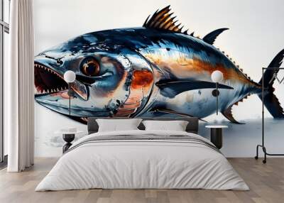 Dramatic Left View Portrait of a Tuna Fish with Artistic Lighting on a Crisp White Background Wall mural