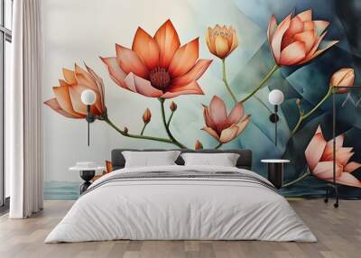 Dreamlike surrealist watercolor scene of blooming flowers in abstract geometric shapes Wall mural