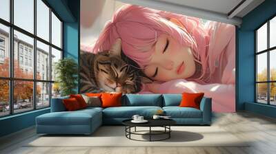 Dreamy lofi scene of a cute anime girl with pink hair peacefully sleeping beside a cat, bathed in soft pastel colors and studio lighting Wall mural