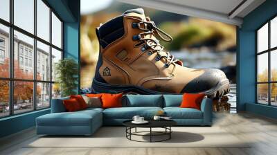 Durable outdoor work boots offering comfort and safety for navigating water and challenging terrains Wall mural