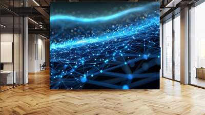 Dynamic abstract network of blue-toned dots and lines illustrating AI generative connections and technological interactions Wall mural