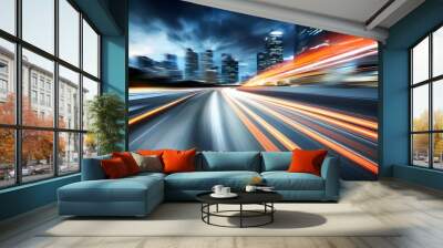 Dynamic action of a speeding vehicle with motion blur showcasing professional driving and testing for automotive dealership or racing competition Wall mural