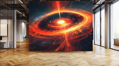 Dynamic black hole in vibrant red and orange hues, capturing cosmic chaos and space elements in an abstract digital illustration Wall mural