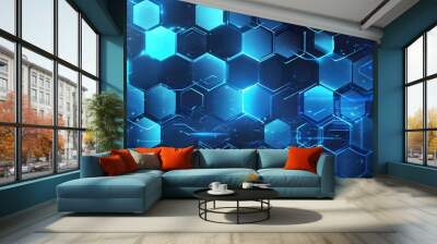 Dynamic blue technology backdrop featuring hexagonal patterns and futuristic design elements Wall mural