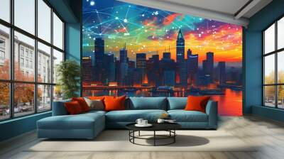 Dynamic city skyline illuminated by a digital network, symbolizing the fusion of technology and urban connectivity Wall mural