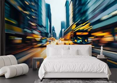 Dynamic cityscape featuring a speeding bus on a bustling urban road Wall mural