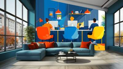 Dynamic collaboration in a vibrant, modern office featuring colorful furniture and engaged teamwork at computers Wall mural