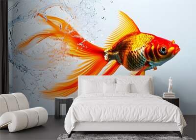 Dynamic display of vibrant goldfish swimming with splashing water on a clean white backdrop Wall mural