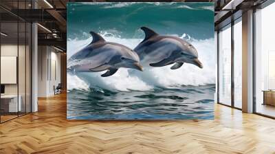 Dynamic Dolphin Soaring Above Glimmering Ocean Waves Wall mural